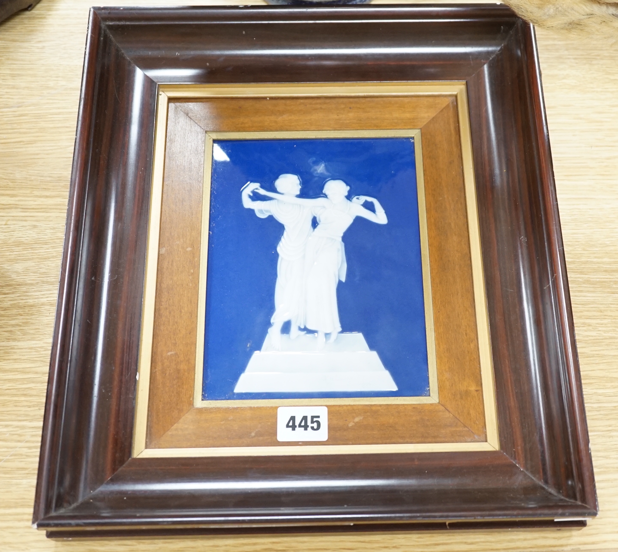 A framed pate sur pate panel, Limoges signed A. Barriere, two dancers, 14cm x 20cm